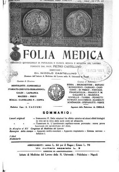 Folia medica periodico trimensile di patologia e clinica medica