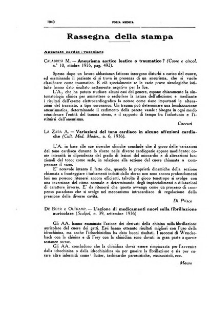 Folia medica periodico trimensile di patologia e clinica medica