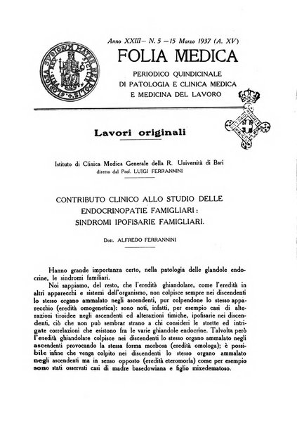 Folia medica periodico trimensile di patologia e clinica medica