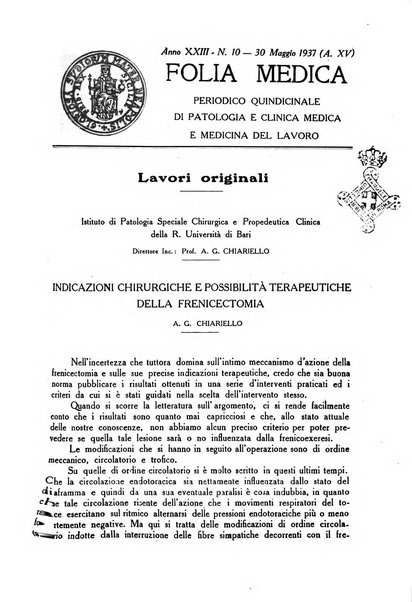 Folia medica periodico trimensile di patologia e clinica medica