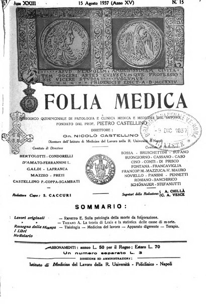 Folia medica periodico trimensile di patologia e clinica medica