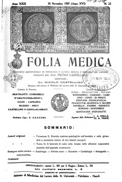 Folia medica periodico trimensile di patologia e clinica medica