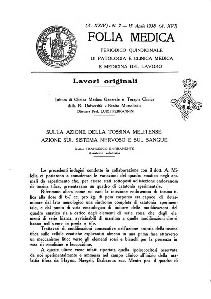 Folia medica periodico trimensile di patologia e clinica medica