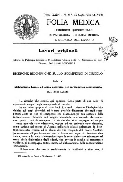 Folia medica periodico trimensile di patologia e clinica medica