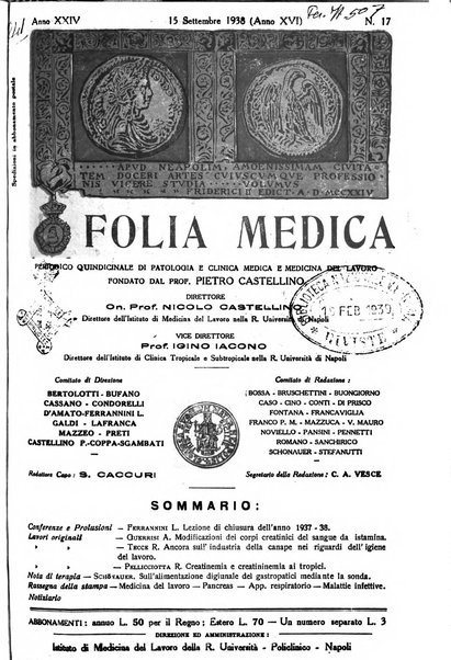 Folia medica periodico trimensile di patologia e clinica medica