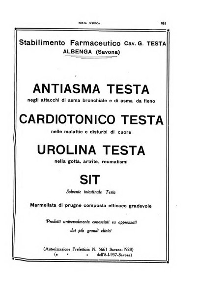 Folia medica periodico trimensile di patologia e clinica medica