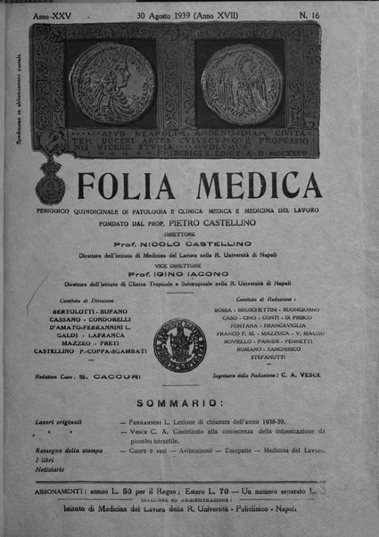 Folia medica periodico trimensile di patologia e clinica medica