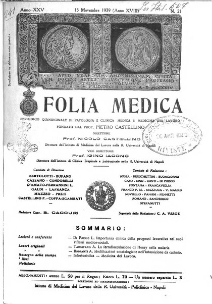 Folia medica periodico trimensile di patologia e clinica medica