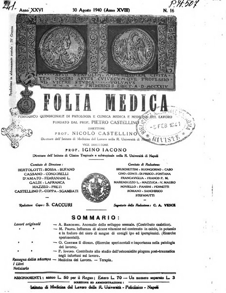 Folia medica periodico trimensile di patologia e clinica medica