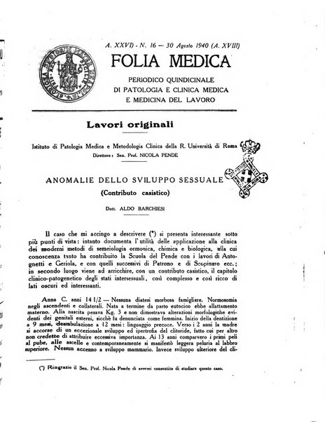 Folia medica periodico trimensile di patologia e clinica medica