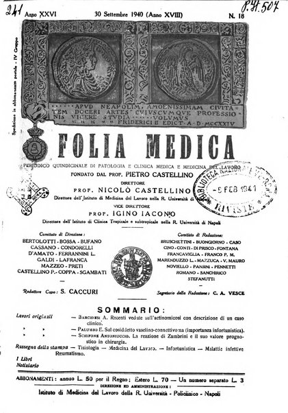 Folia medica periodico trimensile di patologia e clinica medica