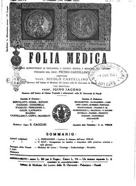 Folia medica periodico trimensile di patologia e clinica medica