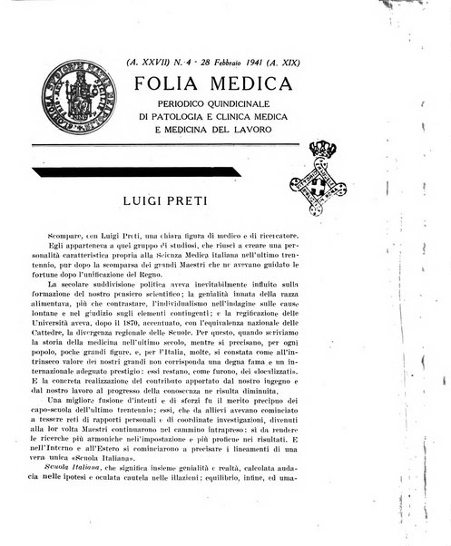 Folia medica periodico trimensile di patologia e clinica medica