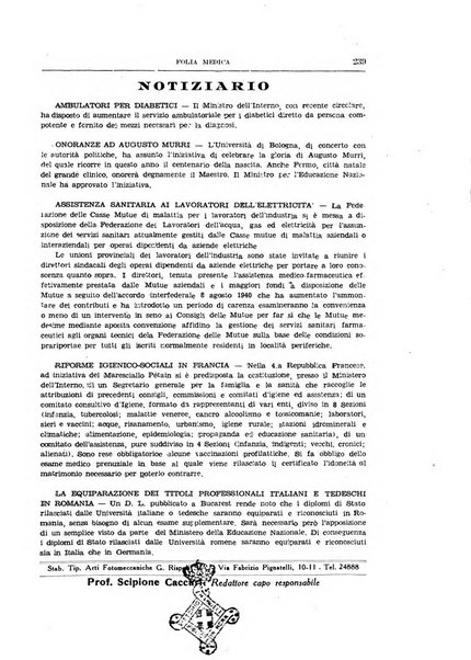 Folia medica periodico trimensile di patologia e clinica medica