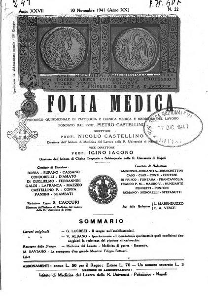 Folia medica periodico trimensile di patologia e clinica medica