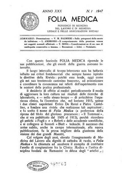 Folia medica periodico trimensile di patologia e clinica medica