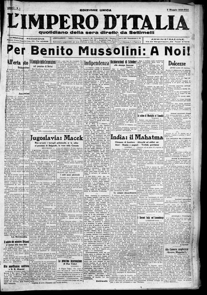 L'impero d'Italia : quotidiano della sera / diretto da Settimelli