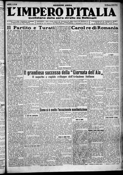 L'impero d'Italia : quotidiano della sera / diretto da Settimelli