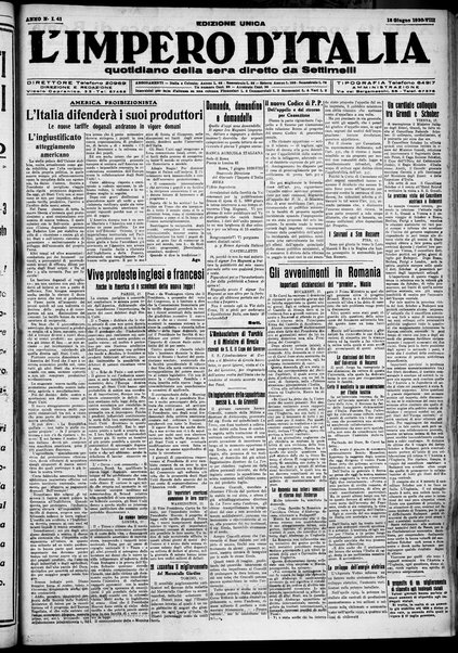 L'impero d'Italia : quotidiano della sera / diretto da Settimelli