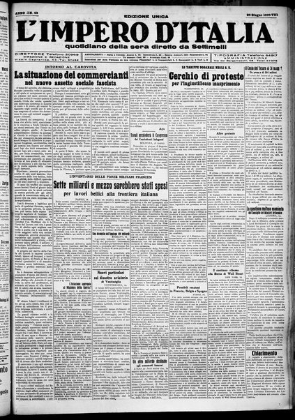 L'impero d'Italia : quotidiano della sera / diretto da Settimelli