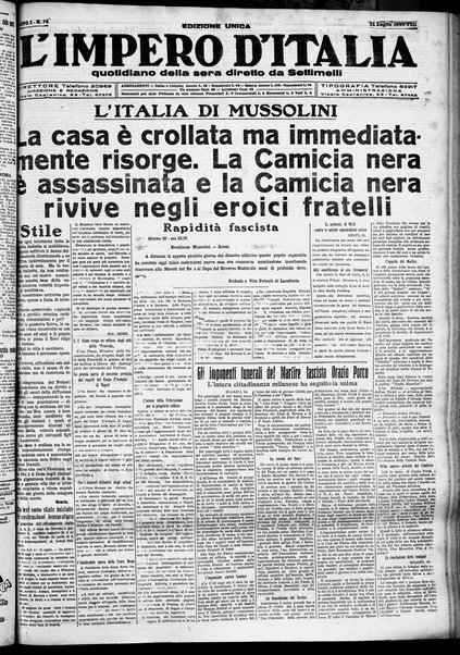 L'impero d'Italia : quotidiano della sera / diretto da Settimelli