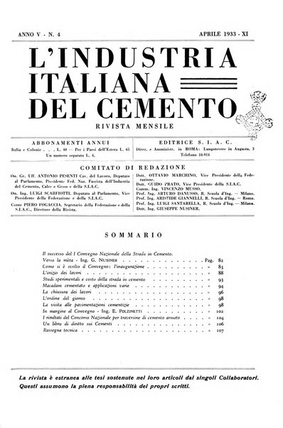 L'industria italiana del cemento rivista della Società incremento applicazioni cemento