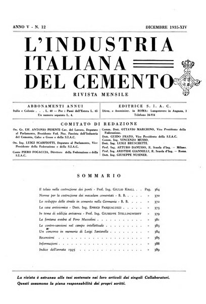 L'industria italiana del cemento rivista della Società incremento applicazioni cemento