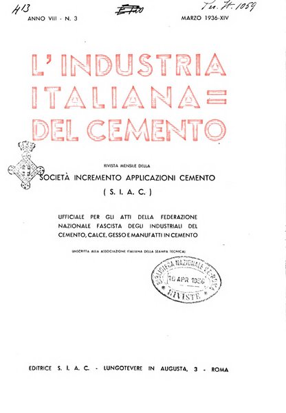 L'industria italiana del cemento rivista della Società incremento applicazioni cemento