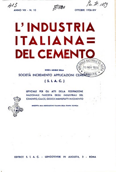 L'industria italiana del cemento rivista della Società incremento applicazioni cemento