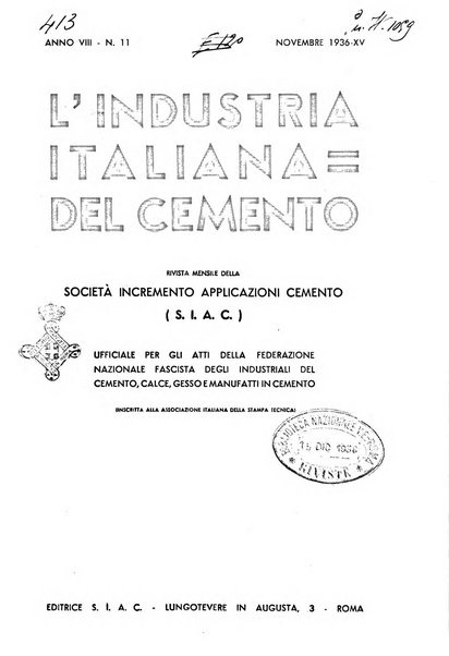 L'industria italiana del cemento rivista della Società incremento applicazioni cemento