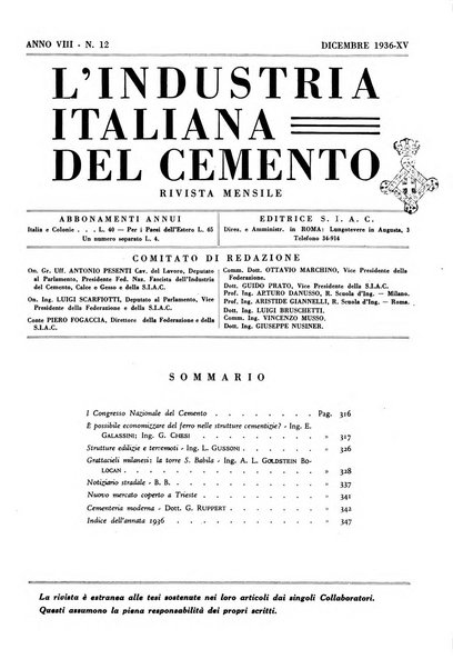 L'industria italiana del cemento rivista della Società incremento applicazioni cemento