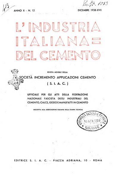 L'industria italiana del cemento rivista della Società incremento applicazioni cemento