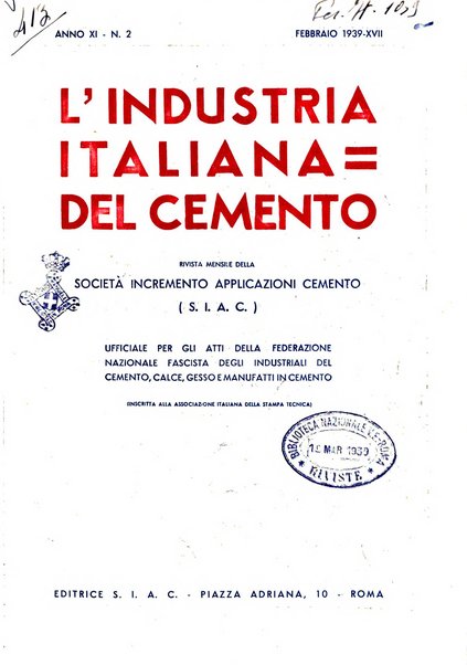 L'industria italiana del cemento rivista della Società incremento applicazioni cemento