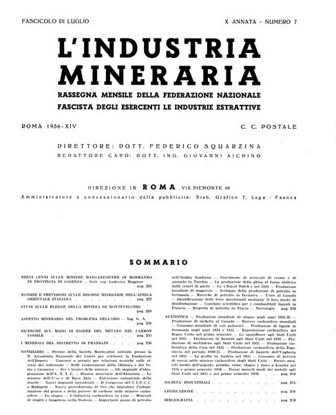 L'industria mineraria bollettino mensile della Federazione nazionale fascista dell'industria mineraria