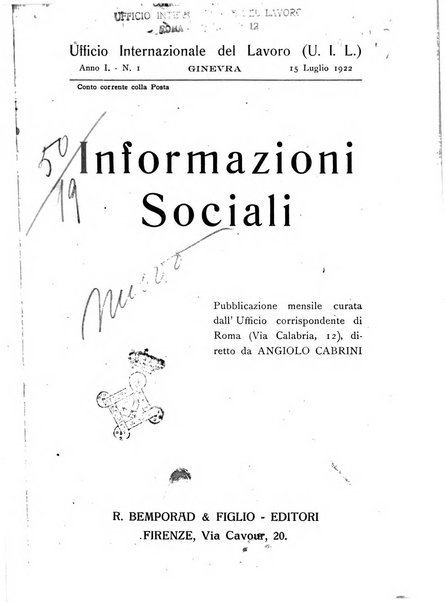 Informazioni sociali pubblicazione mensile curata dall'Ufficio corrispondente di Roma dell'Ufficio internazionale del lavoro, Ginevra