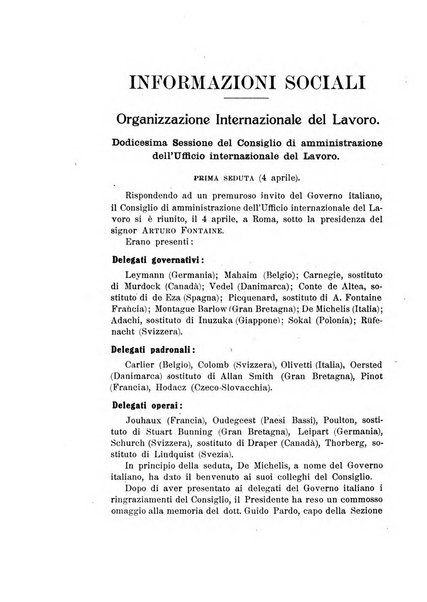 Informazioni sociali pubblicazione mensile curata dall'Ufficio corrispondente di Roma dell'Ufficio internazionale del lavoro, Ginevra