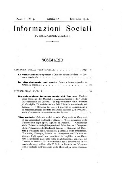 Informazioni sociali pubblicazione mensile curata dall'Ufficio corrispondente di Roma dell'Ufficio internazionale del lavoro, Ginevra