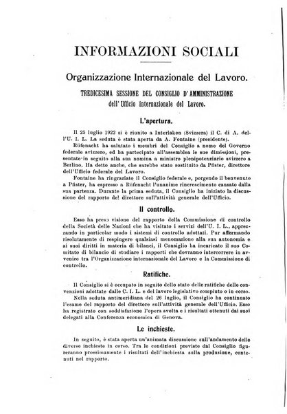 Informazioni sociali pubblicazione mensile curata dall'Ufficio corrispondente di Roma dell'Ufficio internazionale del lavoro, Ginevra