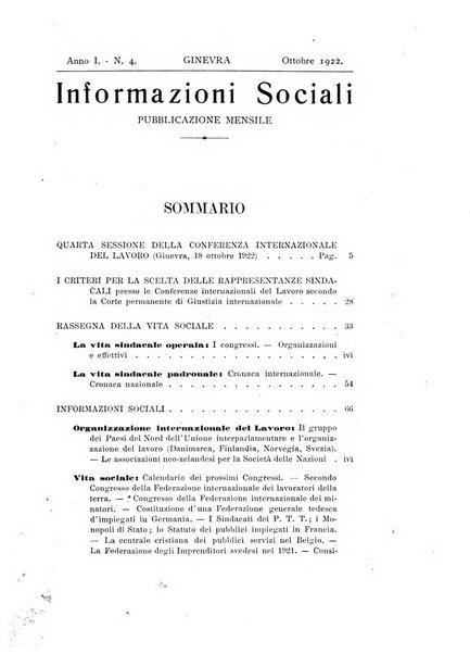 Informazioni sociali pubblicazione mensile curata dall'Ufficio corrispondente di Roma dell'Ufficio internazionale del lavoro, Ginevra