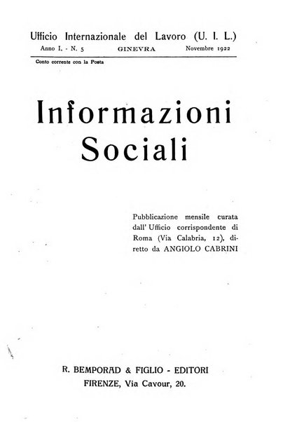 Informazioni sociali pubblicazione mensile curata dall'Ufficio corrispondente di Roma dell'Ufficio internazionale del lavoro, Ginevra