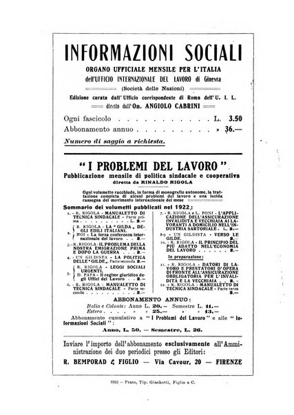 Informazioni sociali pubblicazione mensile curata dall'Ufficio corrispondente di Roma dell'Ufficio internazionale del lavoro, Ginevra