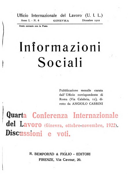 Informazioni sociali pubblicazione mensile curata dall'Ufficio corrispondente di Roma dell'Ufficio internazionale del lavoro, Ginevra