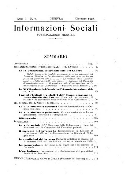 Informazioni sociali pubblicazione mensile curata dall'Ufficio corrispondente di Roma dell'Ufficio internazionale del lavoro, Ginevra