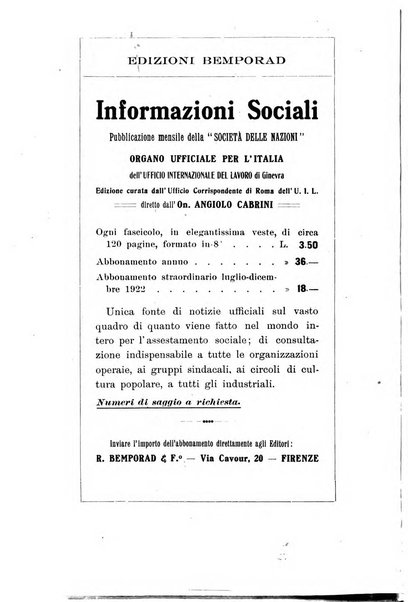 Informazioni sociali pubblicazione mensile curata dall'Ufficio corrispondente di Roma dell'Ufficio internazionale del lavoro, Ginevra