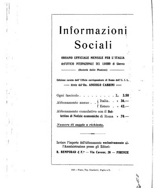 Informazioni sociali pubblicazione mensile curata dall'Ufficio corrispondente di Roma dell'Ufficio internazionale del lavoro, Ginevra