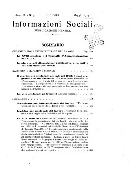 Informazioni sociali pubblicazione mensile curata dall'Ufficio corrispondente di Roma dell'Ufficio internazionale del lavoro, Ginevra