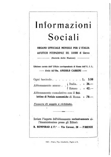 Informazioni sociali pubblicazione mensile curata dall'Ufficio corrispondente di Roma dell'Ufficio internazionale del lavoro, Ginevra