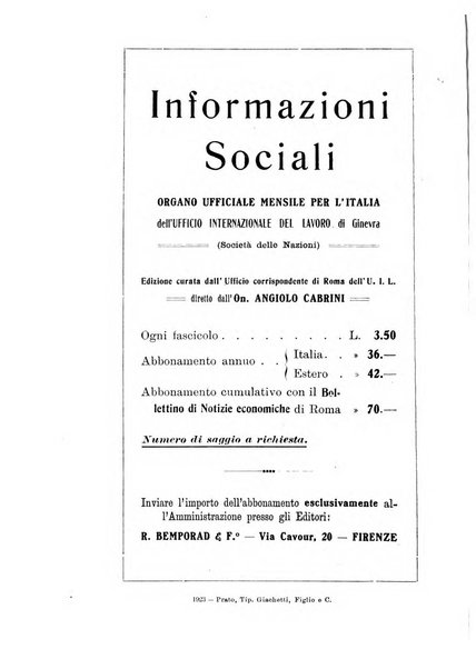 Informazioni sociali pubblicazione mensile curata dall'Ufficio corrispondente di Roma dell'Ufficio internazionale del lavoro, Ginevra