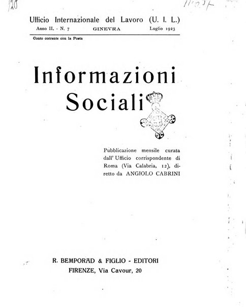 Informazioni sociali pubblicazione mensile curata dall'Ufficio corrispondente di Roma dell'Ufficio internazionale del lavoro, Ginevra