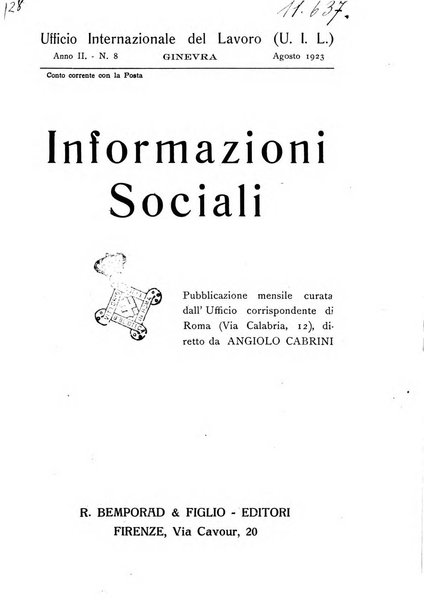 Informazioni sociali pubblicazione mensile curata dall'Ufficio corrispondente di Roma dell'Ufficio internazionale del lavoro, Ginevra